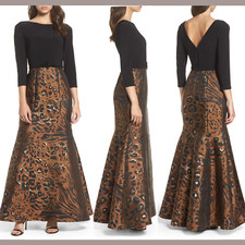 NEW $268 Eliza J [SZ 4 ] Embellished Mixed Media Trumpet Gown Cheetah #G303