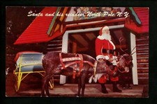 Animals Postcard Deer Reindeer Donder Santa Sleigh North Pole NY Chrome