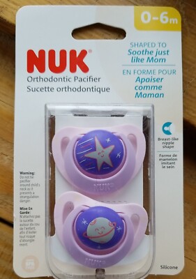 NUK Pacifier Binky Newborn to 6 Month Purple Pink Star Planet with Carrying Case
