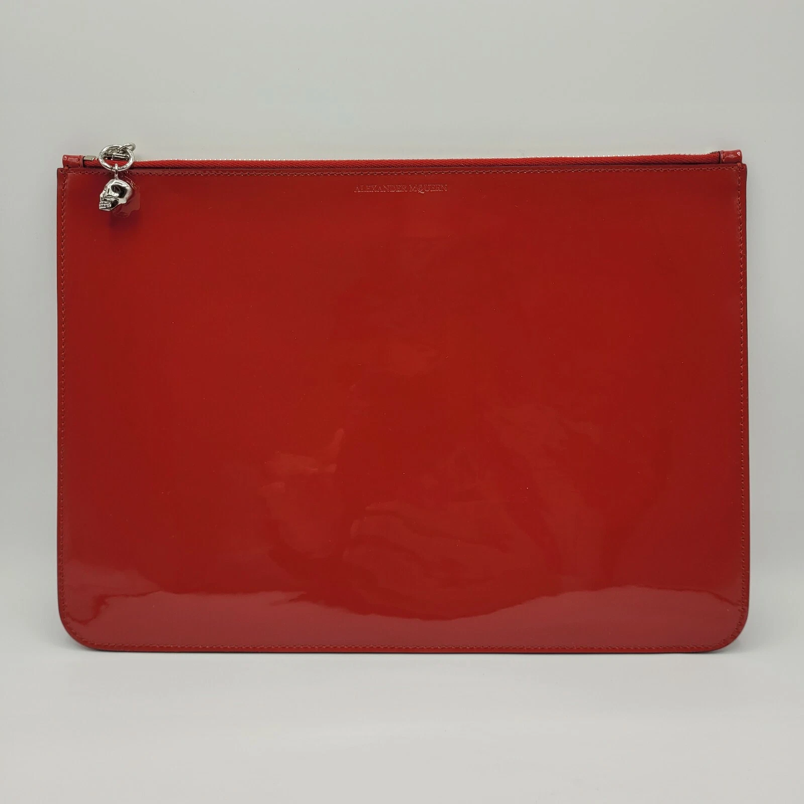 Alexander McQueen Red Patent Leather Silver Skull Charm Large Pouch 420860 6226