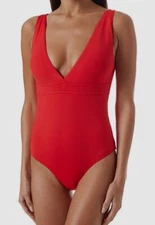 $246 Melissa Odabash Women's Red Solid Pompeii V-Neck One-Piece Swimsuit Size 12