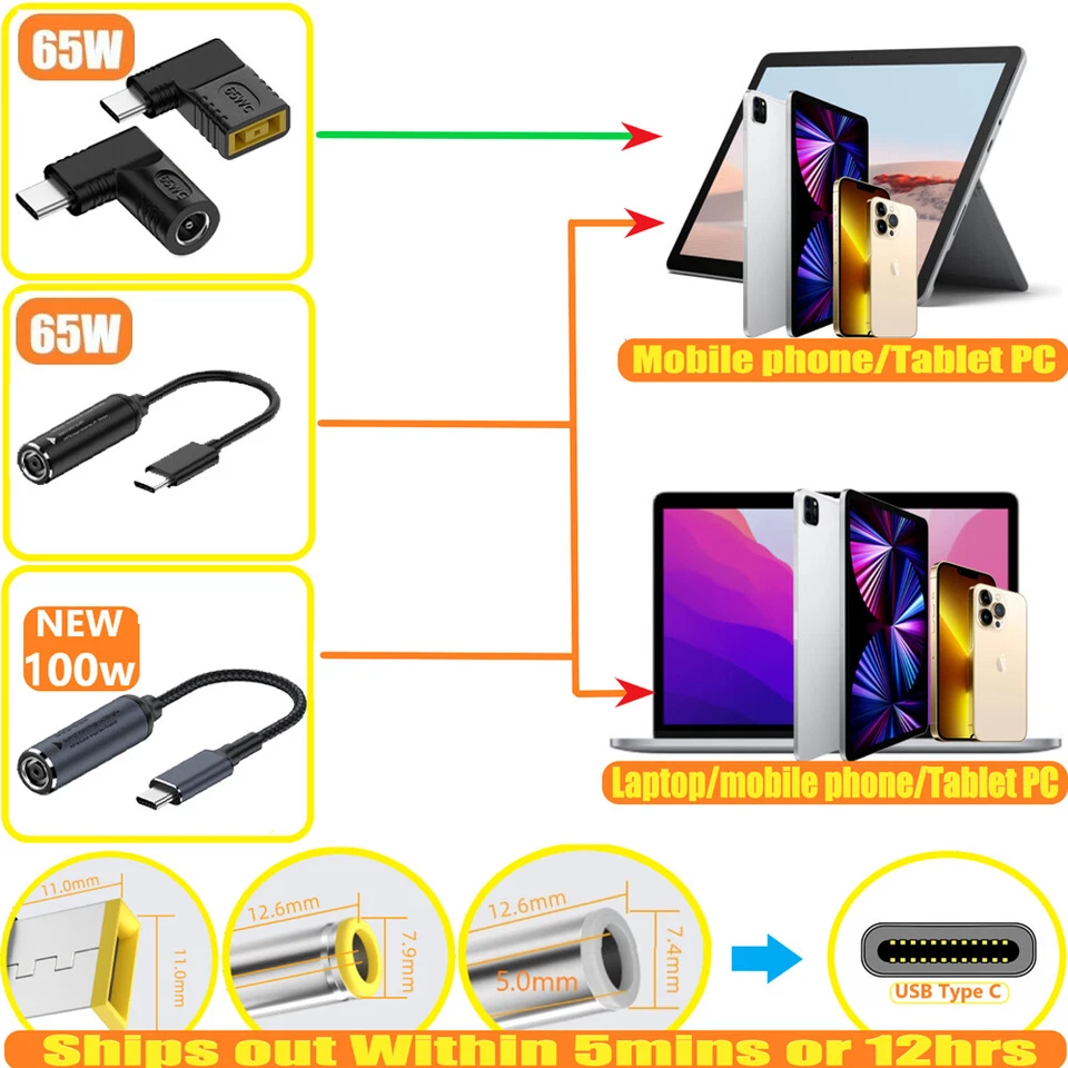 5-15x Laptop Charger TO USB Type C 65W PD Power Converter Charging Cable Adapter - Image 2 of 4