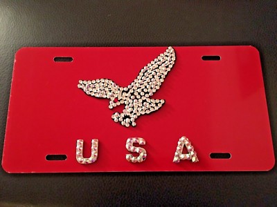 3D Custom Hand Made USA With Crystal  On Red License Plate/ Free Shipping