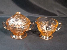 Federal Glass Sharon Cabbage Rose Pink Footed Creamer Footed Covered Sugar Bowl