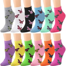 12 Pack Assorted Colors Butterfly Pattern Women Athletic Sport Ankle Socks 9-11