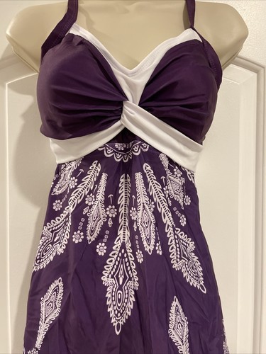 New Womens 2XL Purple Swimsuit 2Pc Padded Tankini Boy Short White Banded Floral - Picture 4 of 17