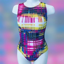 Gymnastics leotard Girls sz CM Child 8 black fuchsia blue wavy spike design ca