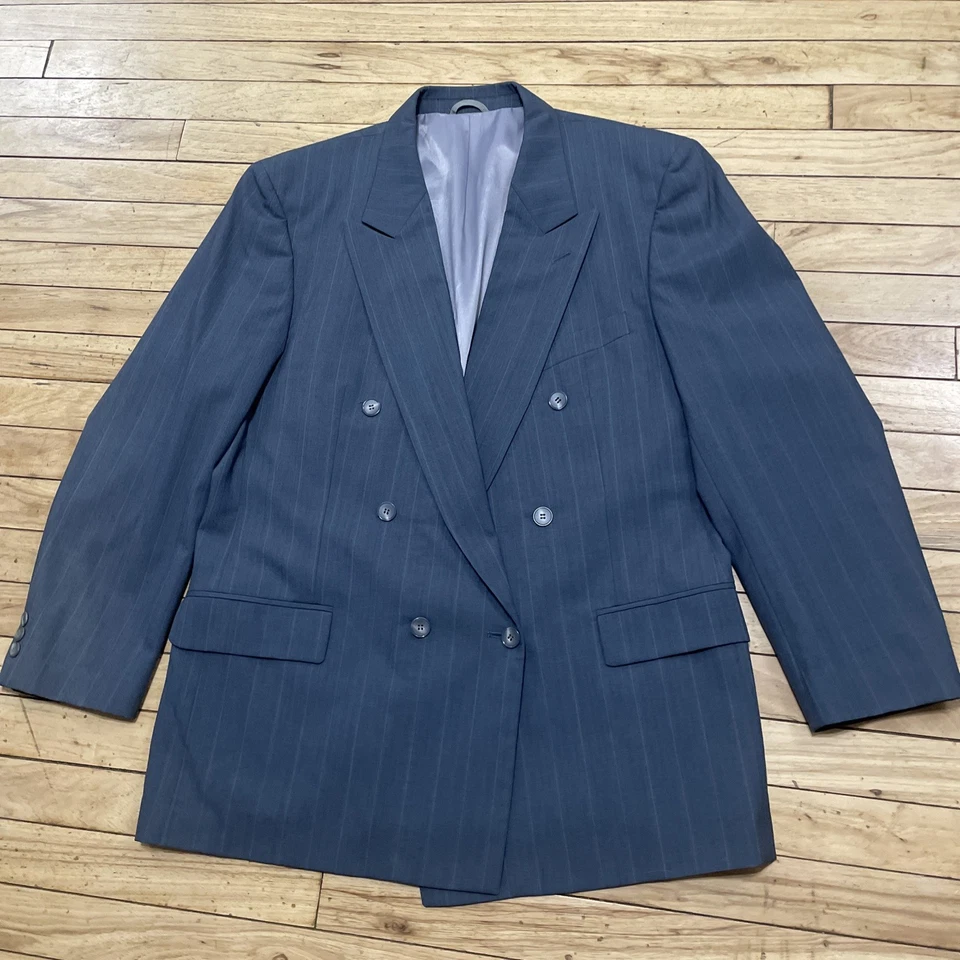 Mario Zignone Vtg70s 90s Double Breasted Suit 44R Gray Blue Stripe Peak Lapel - Image 4 of 4