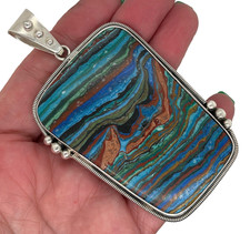 Sterling Silver Native American Massive Rainbow Calsilica Pendant Oversize Bale
