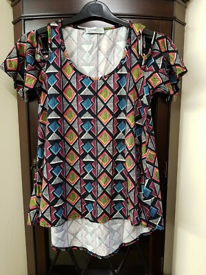 Lovely Black/ Multi, Cold Shoulder Top by   she likes, Size S/M