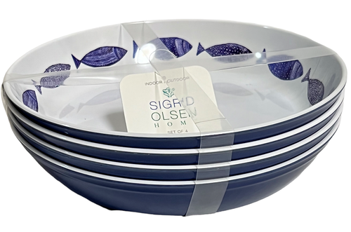 Sigrid Olsen Melamine Blue Fish Dinner Plates (4) + Salad Pasta Bowls (4) White - Picture 3 of 12
