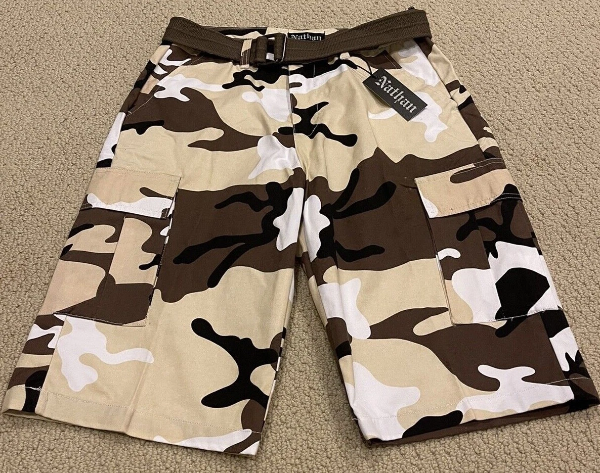 NWT Men’s Nathan Brown Camo Camouflage Belted Cargo Pocket Shorts ALL SIZES