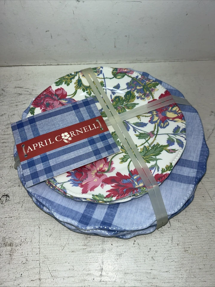 April Cornell Melamine Plates Blue Plaid Pink Floral Dinner Luncheon Set of 8 - Image 2 of 4