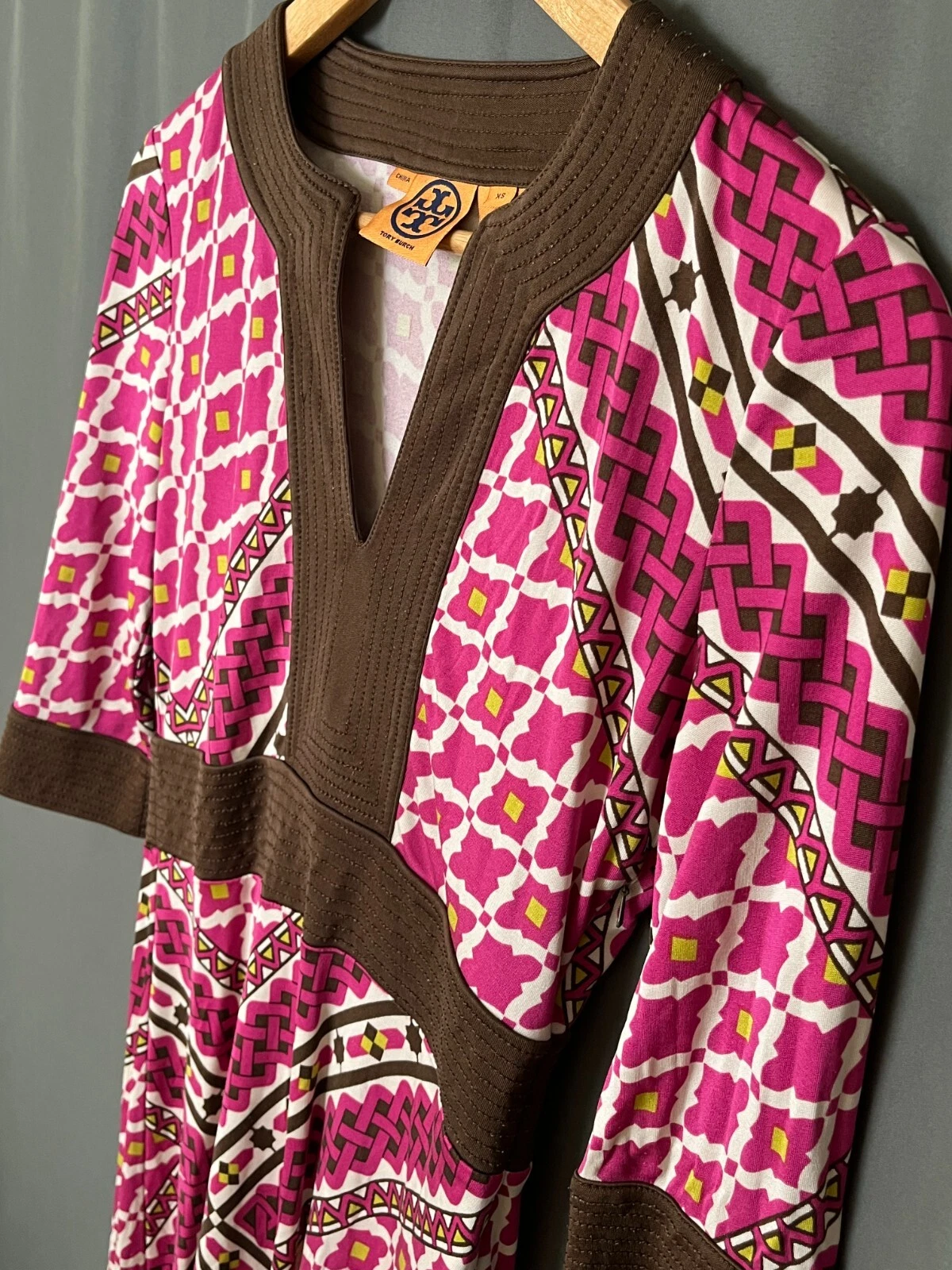 TORY Burch Abito Donna 100% Seta Geometrico XS Rosa Marrone Scollo V Manica 3 4