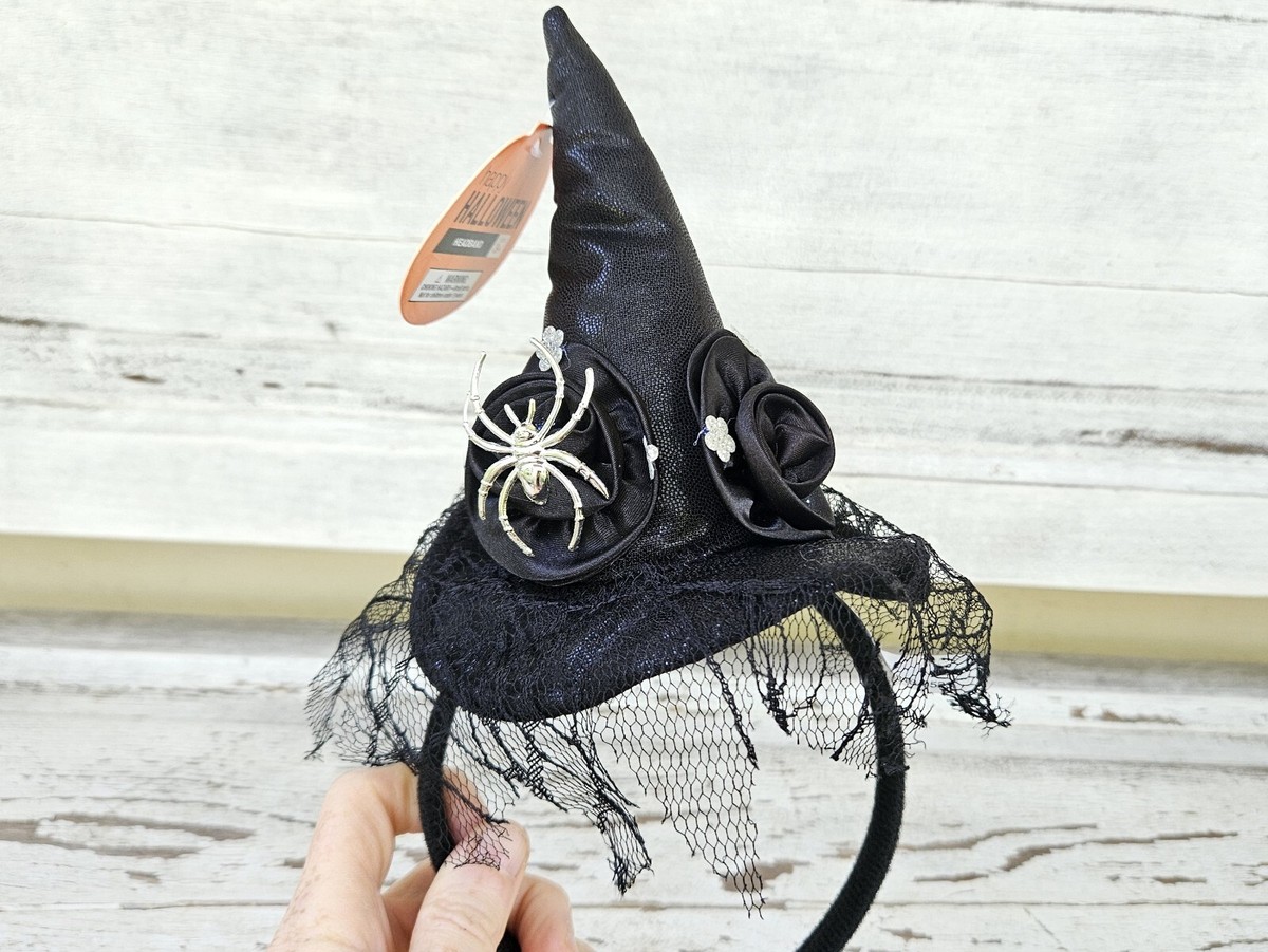 Halloween Witch Hat Cotton Ruched Roses Veil Costume Accessory for Women Halloween Black Witch Hat With Black Flower Wreath & Pearly  main image 4