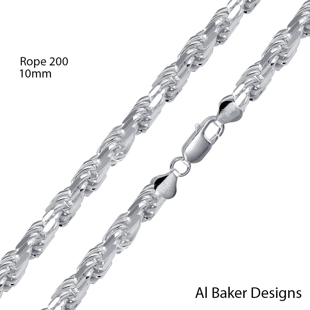 10mm Rope Chain Diamond Cut Solid 925 Sterling Silver Italian