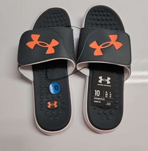 UNDER ARMOUR Mens Slide Sandal Size 10 Ignite Pro 401 Grey/ White Adjustable