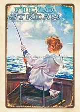 1921 outdoor enthusiasts  girl fishing metal tin sign rustic metal wall art