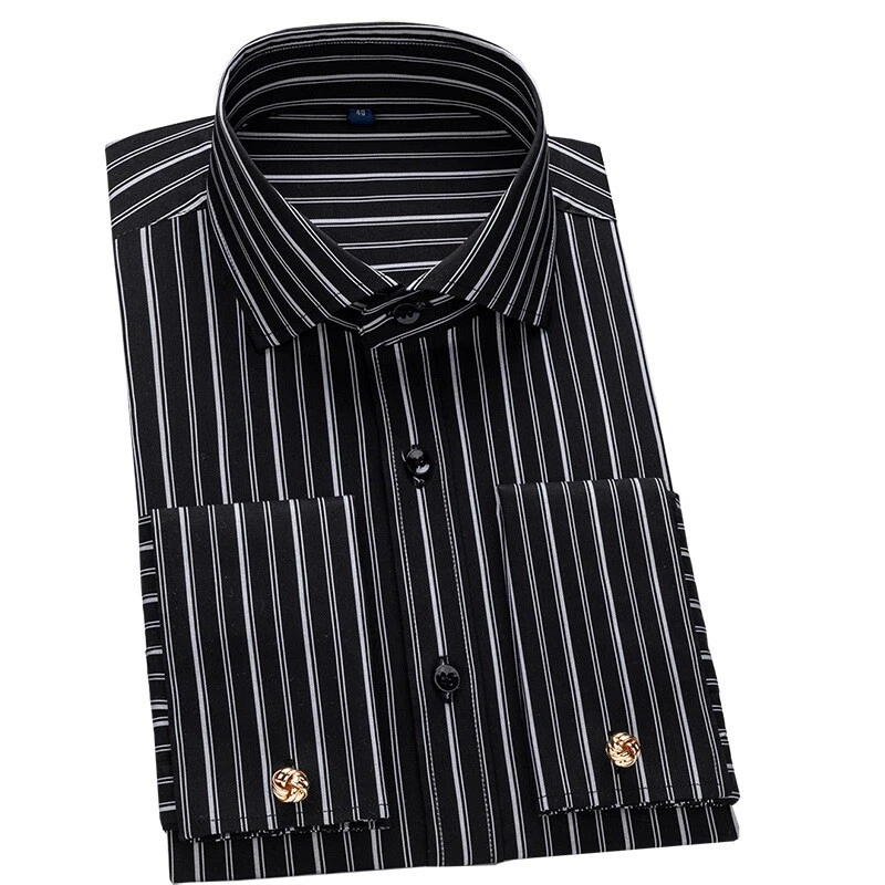 Mens Dress Shirts Luxury French Cuff Formal Business Cufflinks Strisp Shirts Top - Image 2 of 4