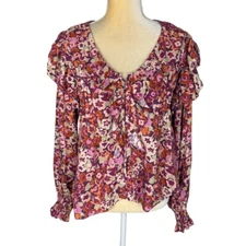Love The Label Charissma Pink Floral Ruffle Pleated VNeck Blouse Long Sleeve XS