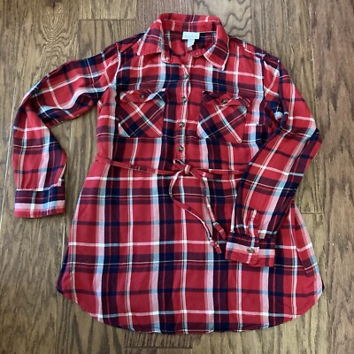 XS Isabel Maternity Plaid Flannel Shirt Style Blouse Red White Navy