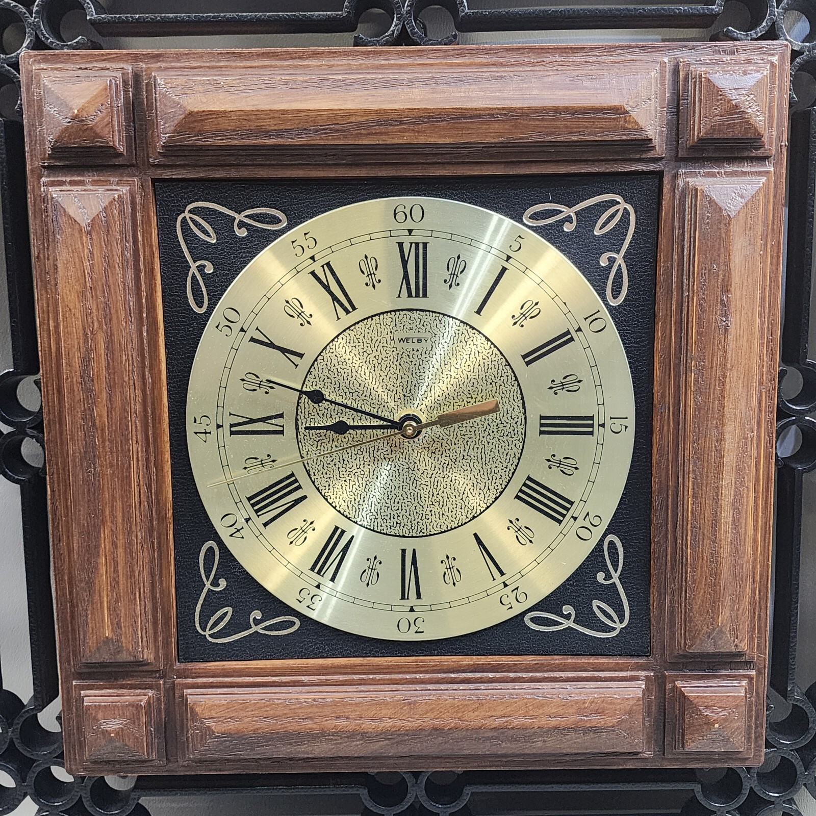 Vintage Welby Wall Clock Faux Wood Wrought Iron Battery Quartz 20" x 20"
