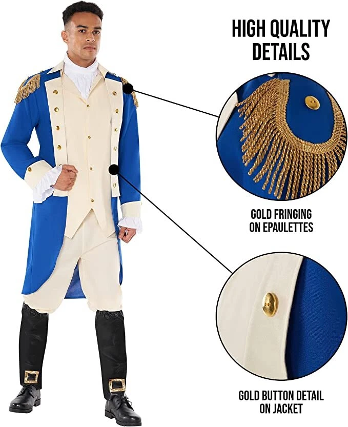 Men`s George Washington Costume + Wig Adult Colonial President Outfit Halloween - Image 3 of 4