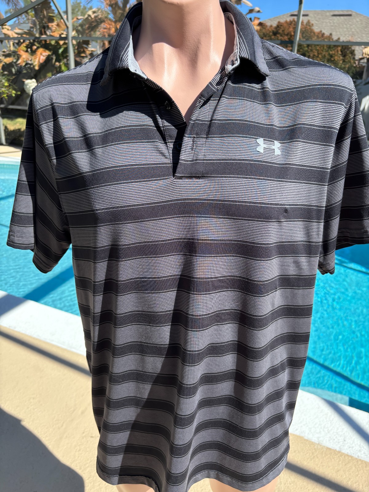 Under Armour Black Striped Golf Short Sleeve Polo Shirt Mens Loose Heat Gear L