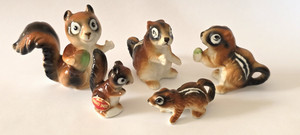 Vtg lot 5 Bone China Miniature Squirrel Chipmunk Big Eye Family Figurines Japan