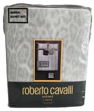 Roberto Cavalli QUEEN Duvet Cover Set Light Gray Leopard Print Luxury Bedding