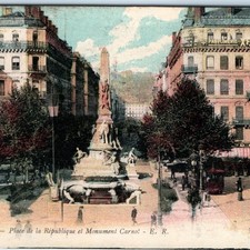 c1910s Lyon, France Place Republic Carnot Monument Statue Shops Street A354