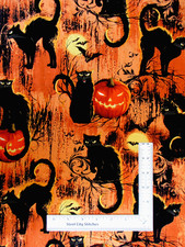 Black Cats Moon Halloween Fabric By The Yard Orange Cotton by Hi Fashion