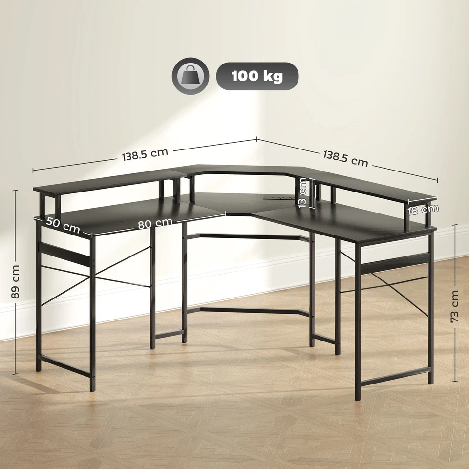 HOMCOM L Shaped Desk Corner Computer Desk with Monitor Stand, Black - Image 3 of 4