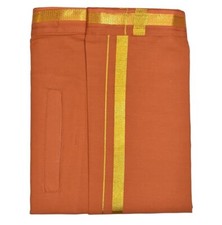 Men's Cotton Dhoti Gold Zari Pocket Adjustable for all size 28"- 44" Dark Kaavi