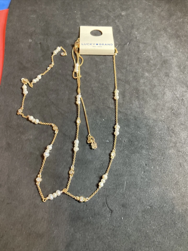 Lucky Brand Gold Tone Pearl And Crystal Long Y Necklace B132 NWT Semi Precious - Image 4 of 4