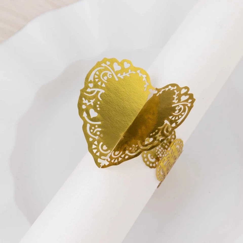 12 GOLD Shimmery Laser Cut Heart Paper Napkin Rings with Lace Pattern Wedding - Изображение 2 из 4