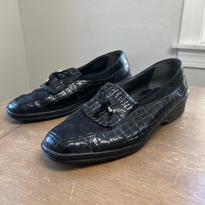 ara Women s Rachel Loafers Slip On Black Loafers Size 8 Faux Croc Patent Leather
