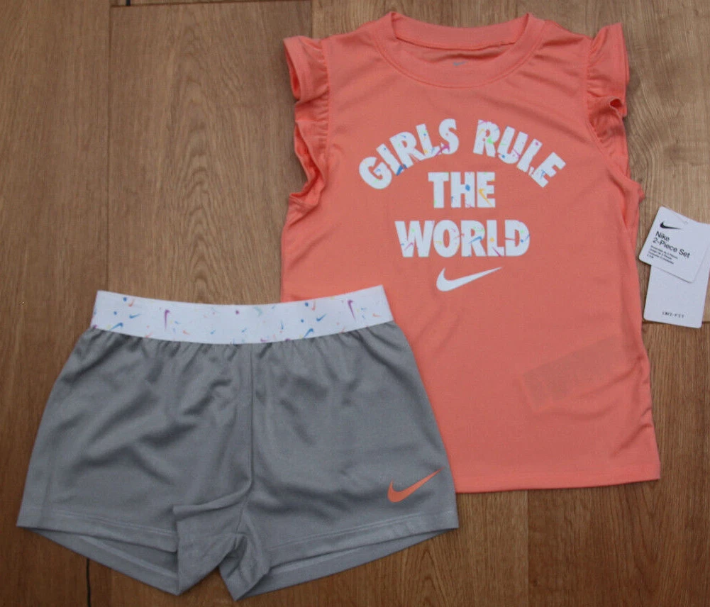 Nike Girl Tank Top & Shorts Set ~ Coral, Gray & White ~ Girls Rule The World ~6X