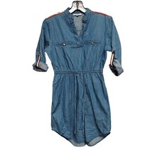 MPH Collection Womens Petite Small Blue Chambray Spring Romper Accent Stripes