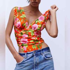 M ZARA Floral Printed Draped Bodysuit Red Roses Flowers Blogger Favorite