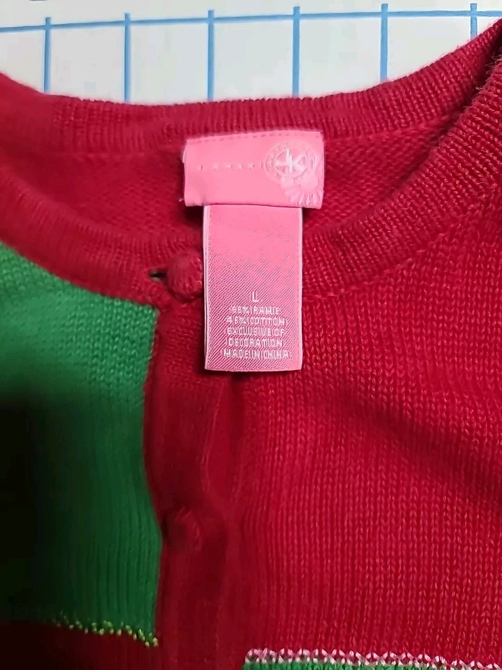 J Khaki Girls Christmas Sweater Size Large Color Block Green Red Fringe - Image 3 of 4