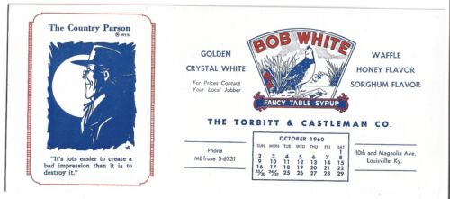 1960 BOB WHITE, TABLE SYRUP BLOTTER - Foto 1 di 2