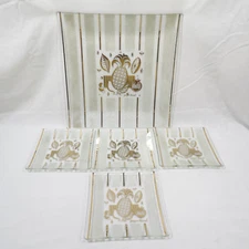 Vintage Georges Briard Ambrosia Glass Dish Set 5 Square Plates Pineapple Fruit