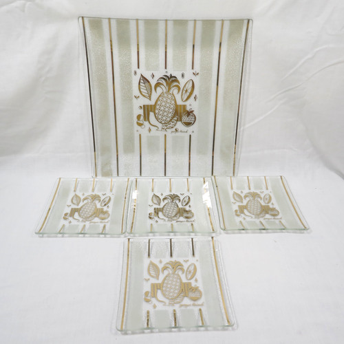 Vintage Georges Briard Ambrosia Glass Dish Set 5 Square Plates Pineapple Fruit