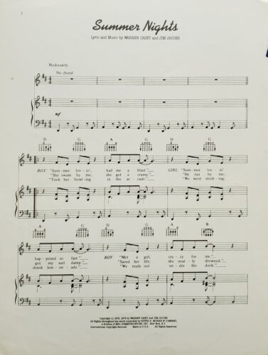 Grease Oliva Newton John John Travolta Summer Nights Piano Vocal Sheet Music - Picture 2 of 3