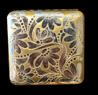 Vintage Ladies Compact Dorset-Rex 5th Avenue Gold Tone Metal 3'' x3'' w/ Pad 1950s
