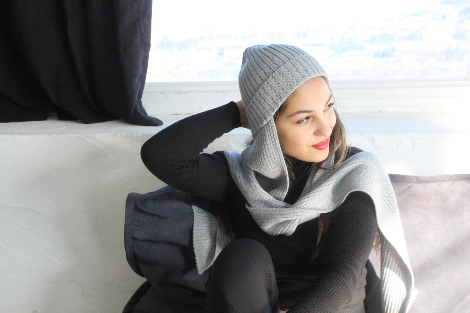 knitted ribbed beanie hat with long scarf with pocket ,shawl for women
