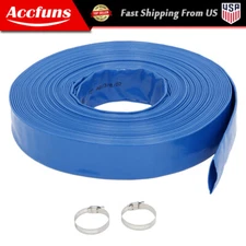 New Discharge Hose 1-1/2" x 100FT PVC，Fabric Lay Flat Hose With 2 Clamps，Blue