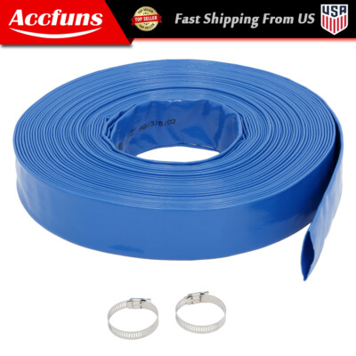 New Discharge Hose 1-1/2'' x 100FT PVC，Fabric Lay Flat Hose With 2 Clamps，Blue