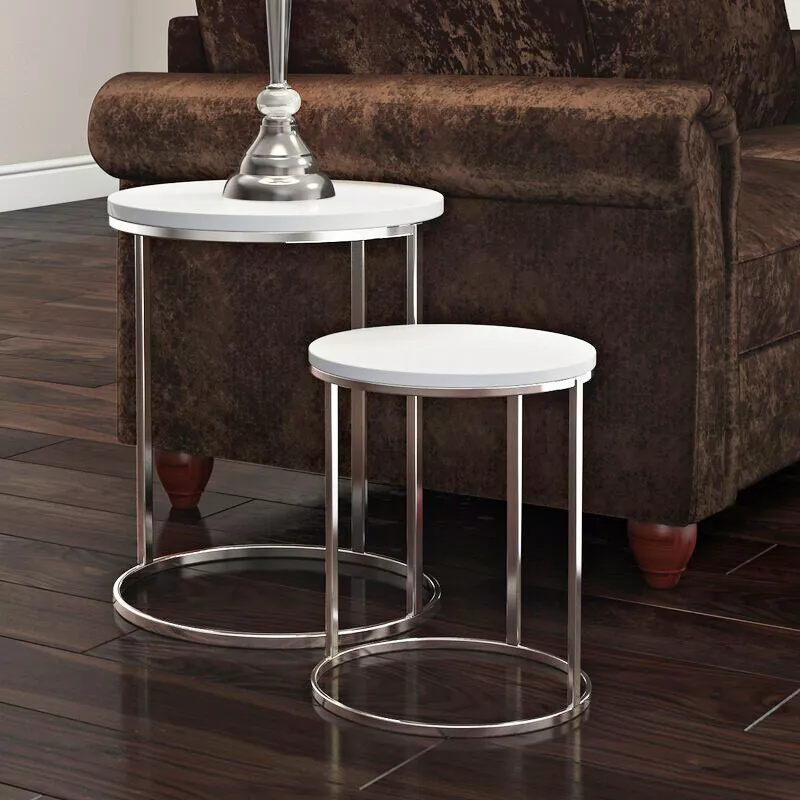 White High Gloss Round Nest of 2 Tables Living Room Furniture